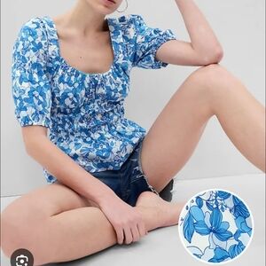 Gap Ladies Blue Floral Smocked Waist Puff Sleeve Top SZ L/ tall NWTs